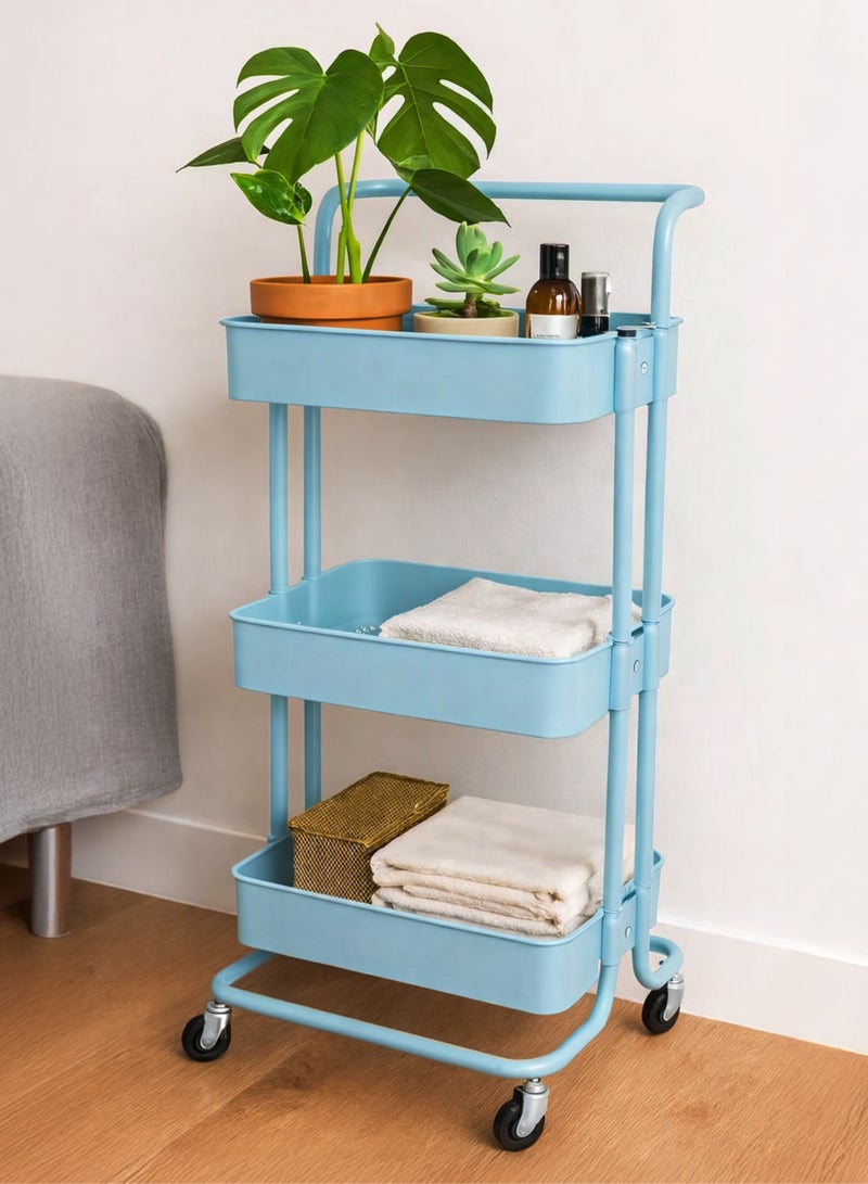 Toshionics 3 Tier Metal Utility Multipurpose Trolley Organizer Cart With Wheels For Office, Kitchen Bathroom Bedroom Blue 43x36x87cm - Image 1